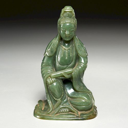 Chinese green jade carved sitting Guanyin