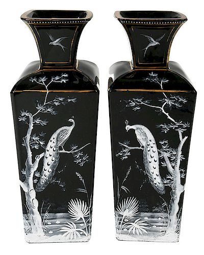 Pair Black Amethyst Glass Enamel Decorated Vases