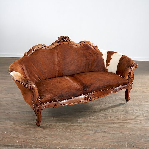 Victorian carved walnut and pony skin settee