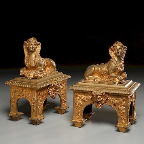 Pair late Regency gilt bronze fire dogs