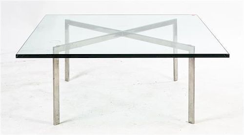 An American Chrome and Glass Low Table, after the Mies van der Rohe example, Width 39 3/4 inches.