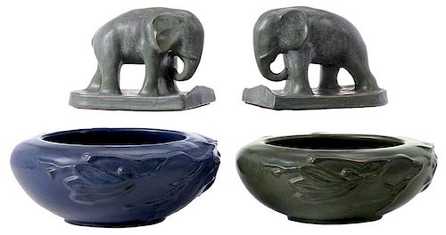 Art Pottery Elephant Bookends, Two Low Bowls