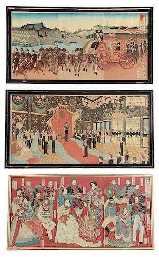 Three Meiji Period Colored Wood Block Triptychs