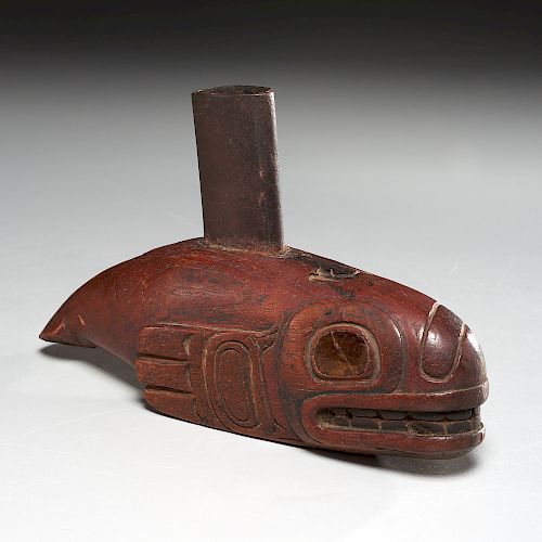 Tlingit carved wood whale-form pipe