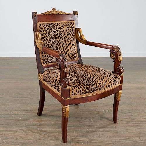 Empire parcel gilt carved mahogany fauteuil