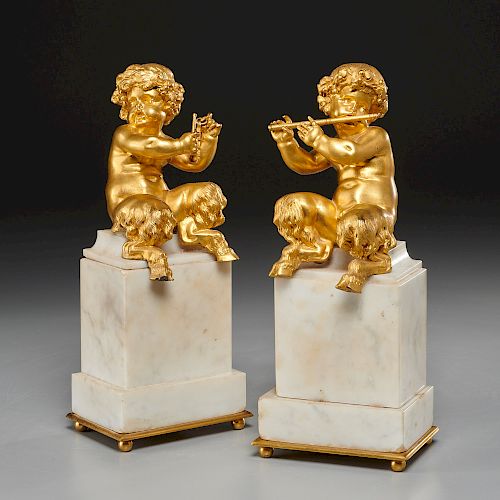 Pair Louis XVI style gilt bronze child satyrs