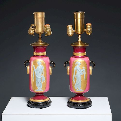 Pair Paris porcelain Grecian-style urn lamps