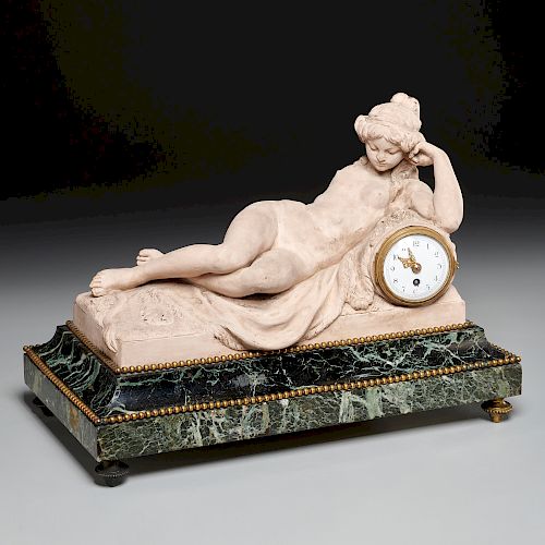 French terra-cotta and marble figural mantel clock