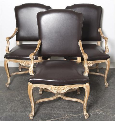 Ten Italian Carved Wood and Leather Arm Chairs, Height 41 1/2 inches.