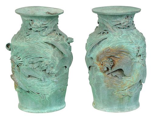 Pair Asian Relief Decorated Bronzes