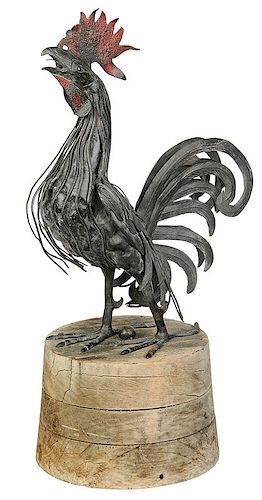 Folk Art Wrought Iron Figure Of Crowing Rooster