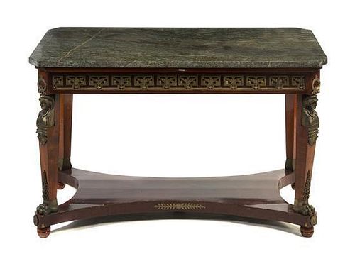 An Empire Style Gilt Metal Mounted Mahogany Center Table, Height 33 1/8 x width 54 1/8 x depth 29 7/8 inches.