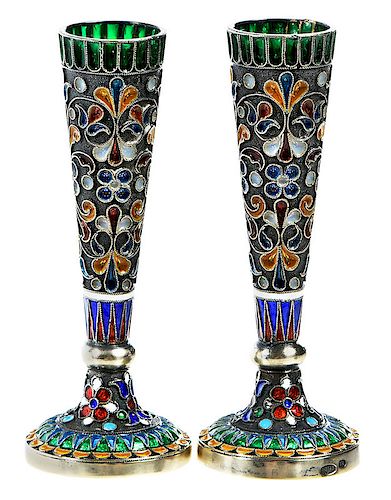 Pair Russian Silver Plique-à-Jour Miniature Vases