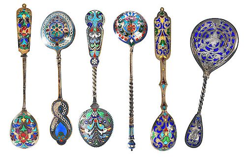 Six Russian Silver Plique-à-Jour Spoons