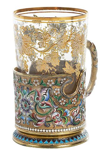 Russian Gilt Silver Champlevé Cup Holder with Glass