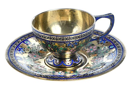 Russian Gilt Silver and Enamel Cup and Saucer
