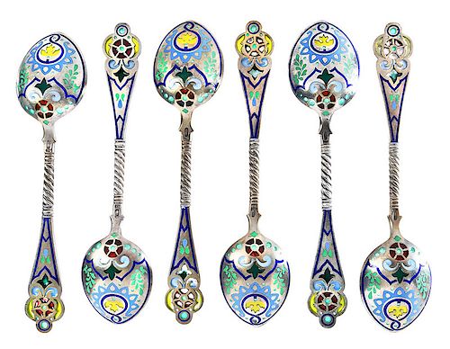 Set of 12 Russian Silver Plique-à-Jour Spoons