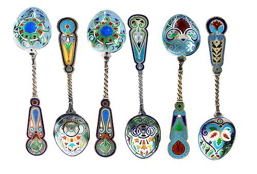 Six Russian Gilt Silver Plique-à-Jour Spoons