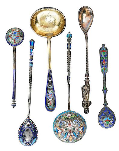 Five Russian Silver and Enamel Spoons