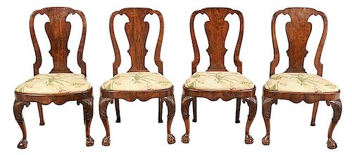 Set of Four George I Carved Walnut Side Chairs