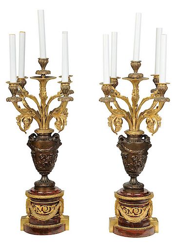 Pair Bronze and Marble Ormolu Lamps