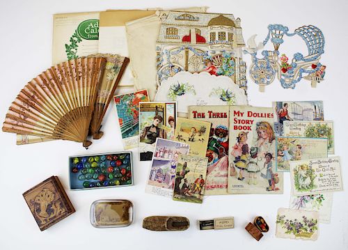 lot of trade cards, fans, marbles, Ford tools