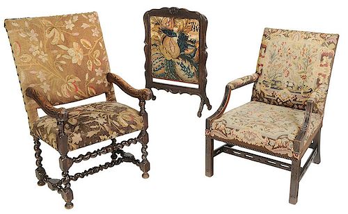 Two Tapestry Upholstered Armchairs and Firescreen