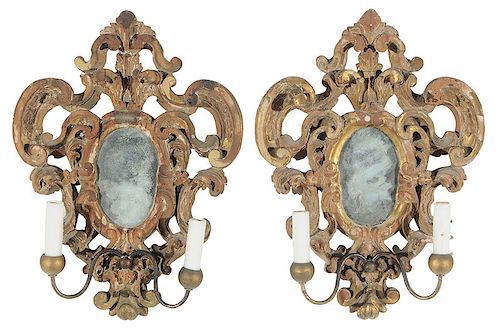 Pair Baroque Style Giltwood Mirror Sconces 