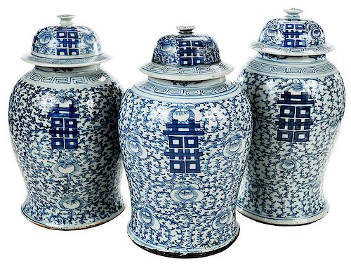 Three Chinese Blue and White Lidded Jars