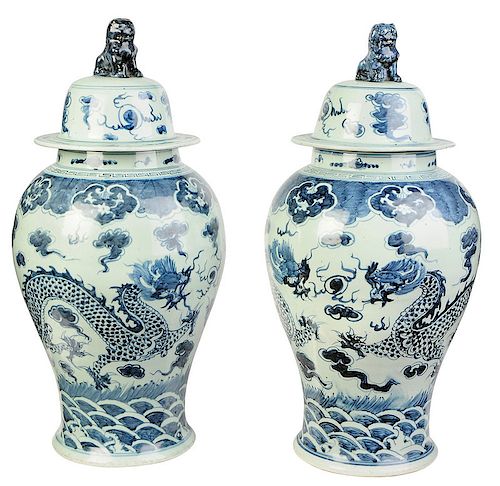Two Similar Chinese Blue and White Lidded Jars