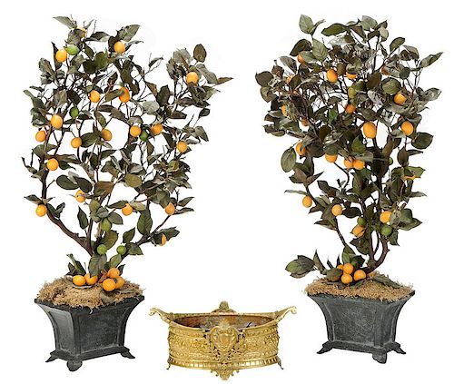 Brass Planter and Pair Faux Potted Orange Trees