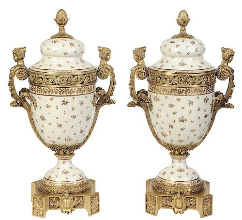 Pair Porcelain Bronze Mounted Urns