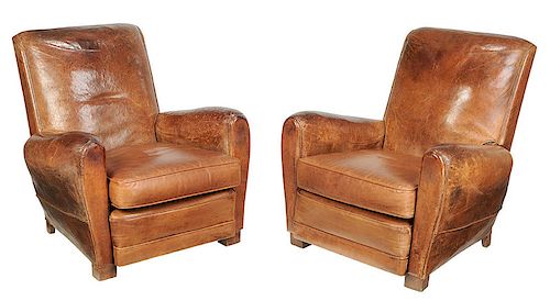 Pair Art Deco Leather Upholstered Club Chairs
