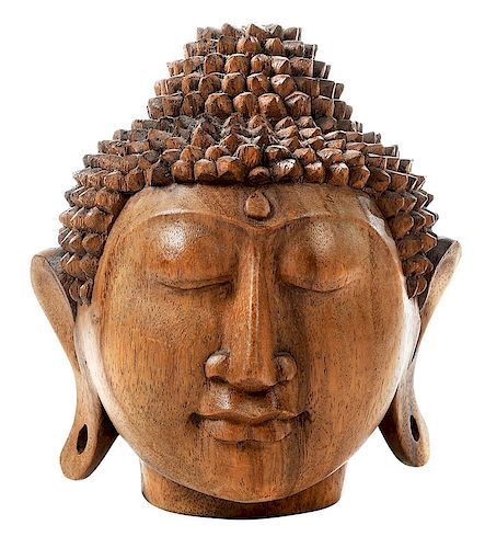Indochinese Carved Mahogany Head of Buddha