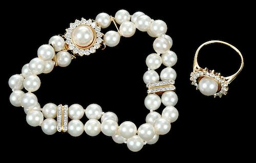 14kt. Pearl, Diamond Ring and Bracelet 