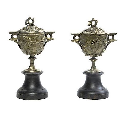 A Pair of Continental Gilt Metal Urns, Height 13 inches.