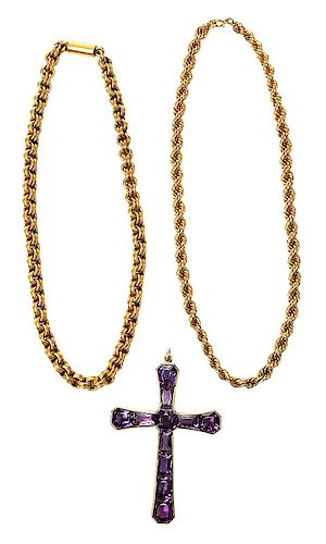 Two Gold Chains and Amethyst Pendant 