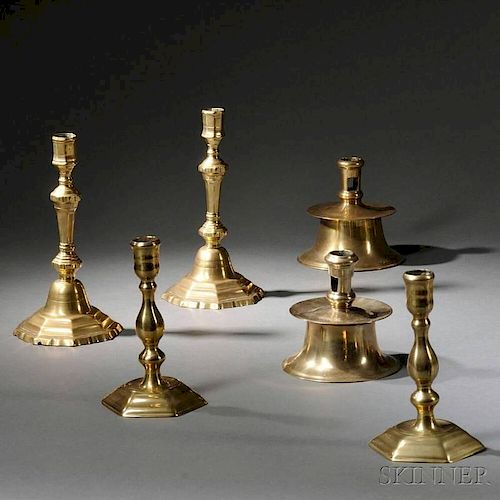 Three Pairs of Early Brass Candlesticks