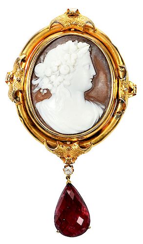 14kt. Cameo and Ruby Brooch