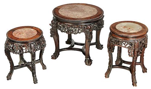 Three Chinese Marble Inset Taborets