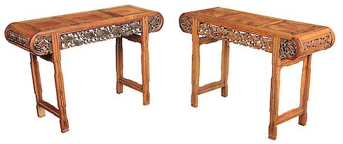Pair Carved Rosewood and Burlwood Side Tables