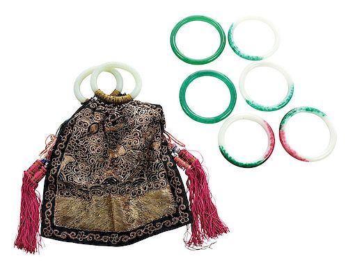 Jade Handled Silk Purse with Six Jade Bracelets
