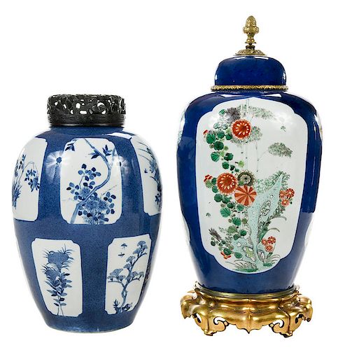 Two Chinese Powder Blue Vases with Floral Panels 