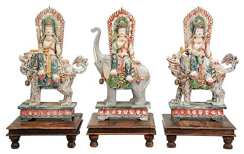 Three Bodhisattva Figures Riding Animals