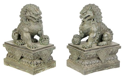 Good Pair Of Patinated Bronze Foo Lions