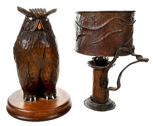 Folk Carved Owl and Arts and Crafts Lamp
