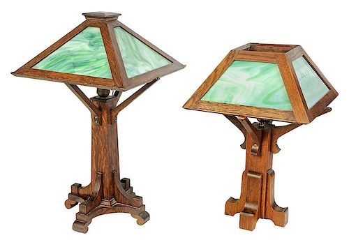 Two Arts and Crafts Slag Glass Library Lamps