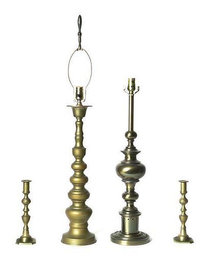 An Associated Pair of Brass Table Lamps, Height of first overall 36 1/2 inches.