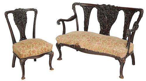 Unusual Art Nouveau Carved Settee and Side Chair