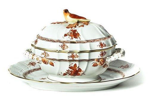 A Herend Porcelain Covered Tureen and Undertray, Width of wider 17 inches.
